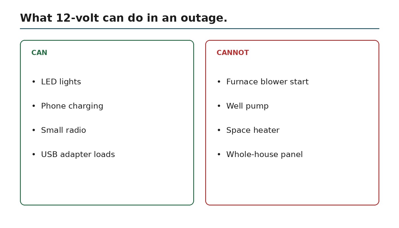 12-volt can run lights and phones. Cannot run furnace blower, well pump, or space heater