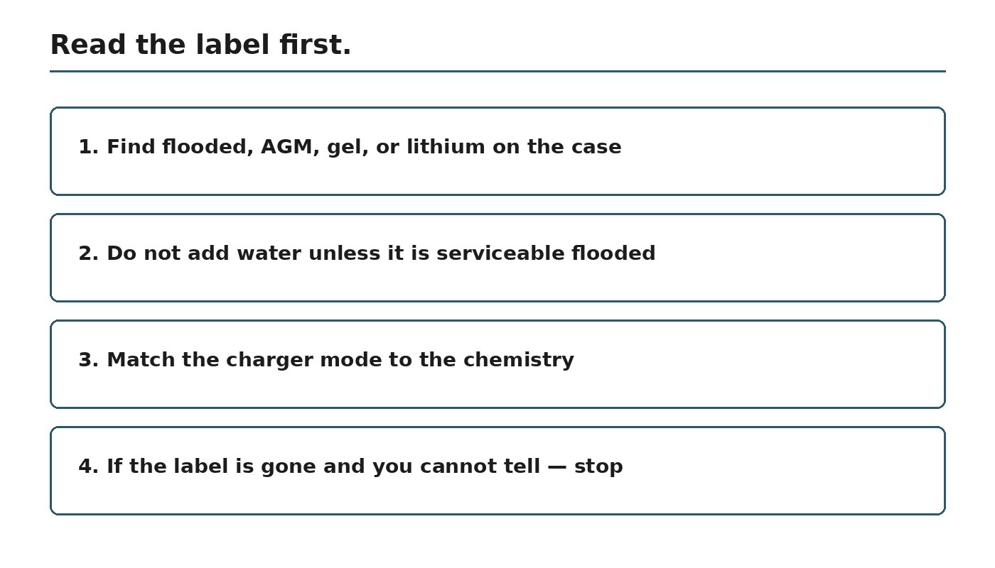 Checklist: find the chemistry on the case before charging or adding water