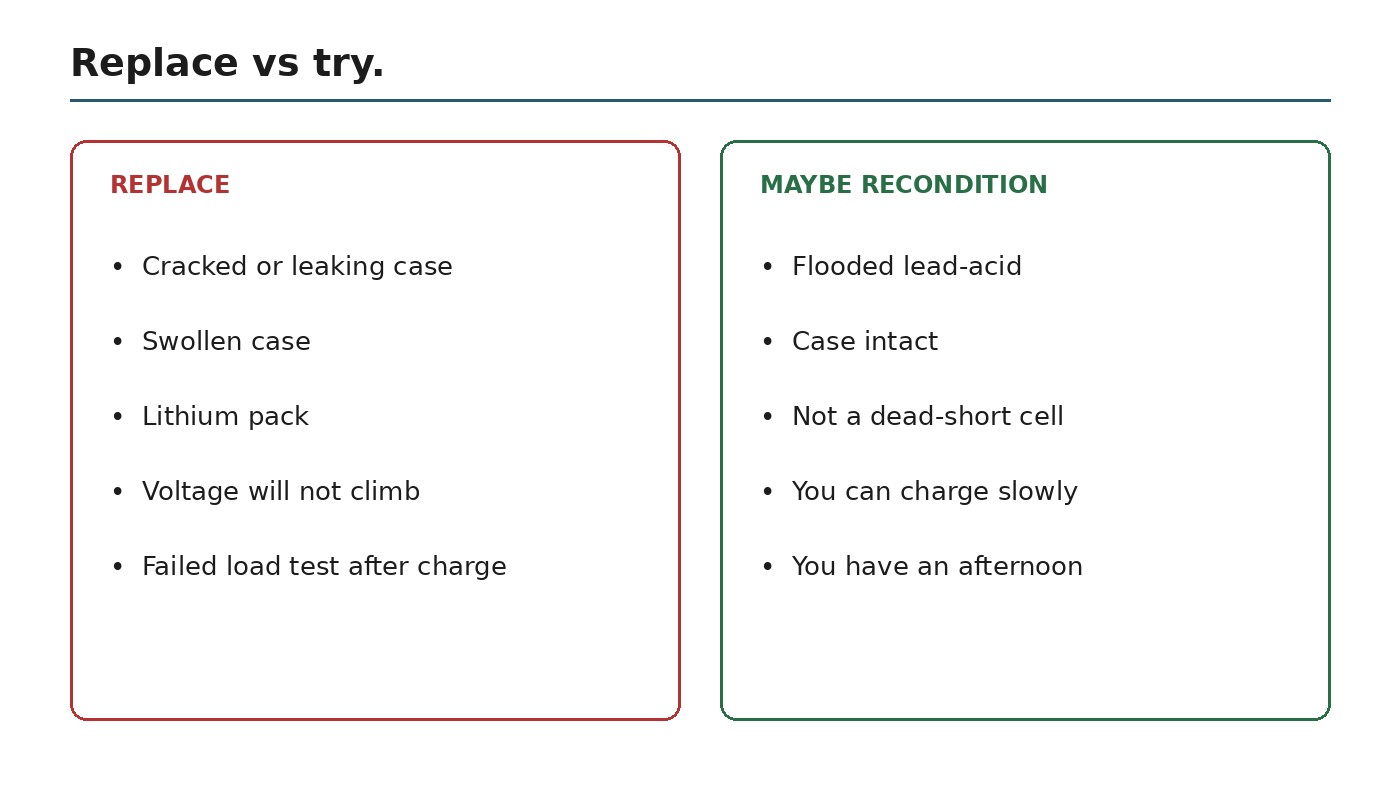 Replace if cracked leaking swollen or lithium. Try only if flooded lead-acid case is sound
