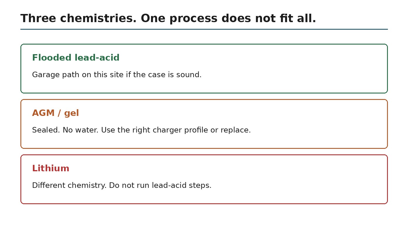 Three battery types: flooded lead-acid can be a garage project, AGM is sealed, lithium is a different process